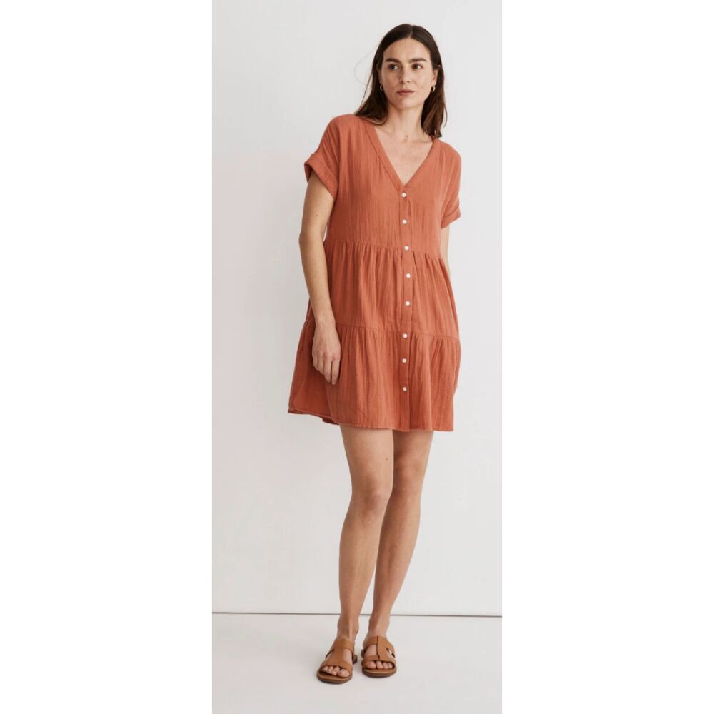 Lightspun Cuff-Sleeve Button-Front Tiered Mini Dress SIZE  M